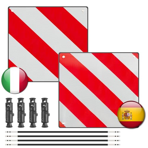 Wxeadu 2 in1 Aluminium Warning Sign for Italy/Spain 50X50cm Warning Sign Italy and Spain with 4 Tie Down Strap PVC Reflective WarningSign for Rear Carrier Bicycle Carrier Motorhome Caravan Towing