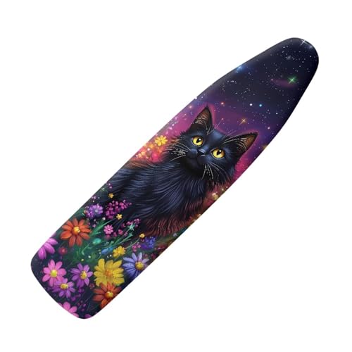 Suhoaziia Black Cat Floral Iron Pad Covers Stain Resistant Heat Reflective with Elastic Edge & Cozy Nose Pocket 15 x 54 Inch Easy-Fit Ironing Board Cover Machine Washable, Black