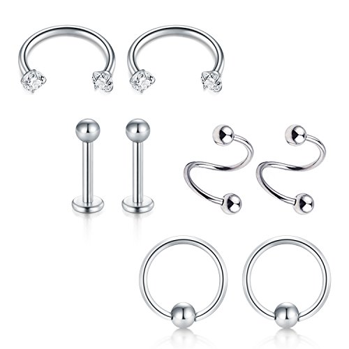 VF VFUN 316L Acier Chirurgical 16G Piercing Anneaux Nez Septum Tragus Strass Lèvre Labret Oreille Cartilage Helix Souril Piercing 8Pièce Argent