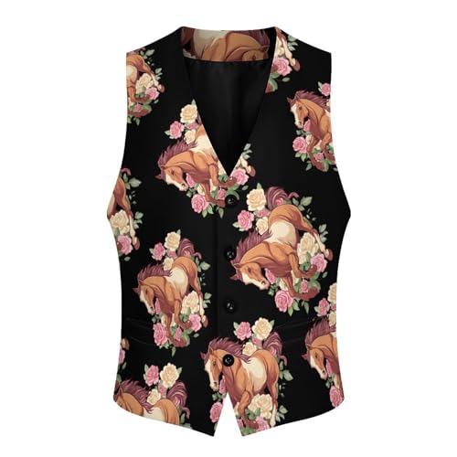 Running Horse Rose Men's Suit Vests Business Formal Dress Vest V-Neck Waistcoat for Wedding Casual4