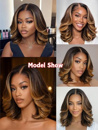 Image of Beauty Forever Glueless Bob Wig Human Hair 13x4 HD Lace Front Body Wave Drawstring Wig Chocolate Brown with Golden Highlights Pre Plucked Pre Cut French Bob 150% Density Ready to Wear 14inch