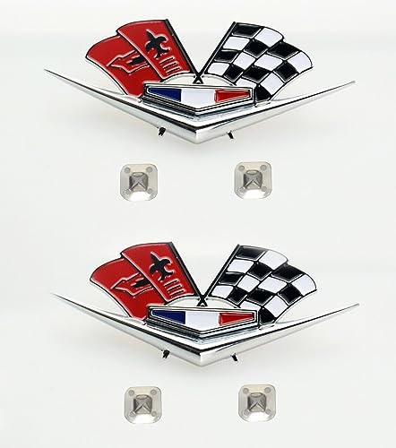 Image of 2Pc 1962 1963 Chevy Impala Belair Front Fender Emblem 3D Badge Flags Pair 327 409 Corvette Replacement for Corvette (Silver Black Red)