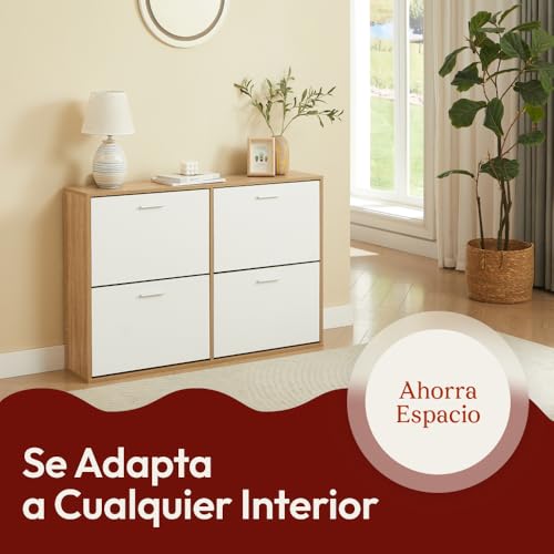 CASABEL Zapatero 4 Abatibles – Mueble Zapatero Entrada Blanco & Madera, Diseño Moderno, Gran Capacidad 24 Pares, Mueble de Almacenaje para Pasillo, Entrada, Salón, L114xF24xH83 cm - imagen 8
