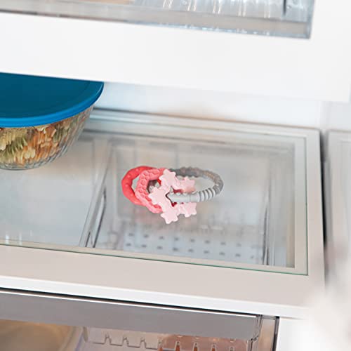 Image of Bumkins Baby Teething Freezer Toy Keys Rings, Soft Flexible Pacifier to Chew, Cool Teether Gum Relief, Babies 3 Months, Freezable Platinum Silicone, Sensory Bracelet with Charms, Pink and Gray