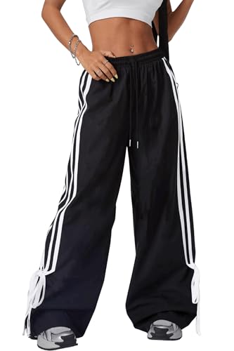 Women's Y2K Baggy Bow Wide Leg Pants Striped Track Elastic Waist Long Sweatpants Parachute Pants