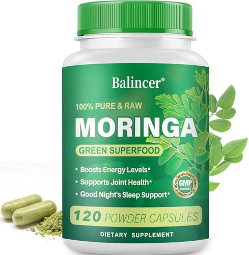 Moringa Powder Capsules, Pure Moringa Leaf Natural Green Antioxidant Superfood, High Potency Nutrient for Energy, Skin Health, Gut Health Supports, 120 Vegan Capsules