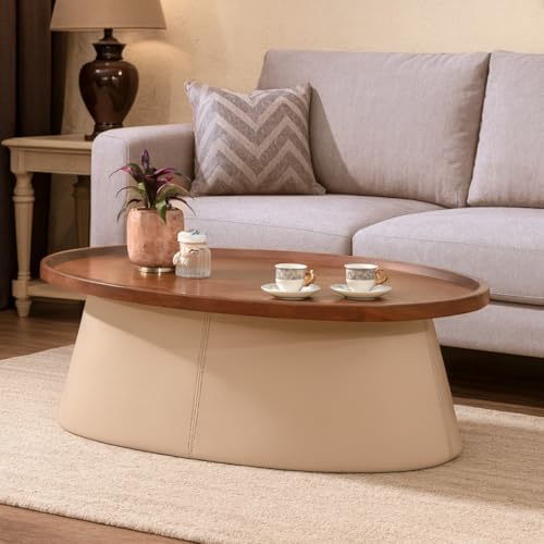 Image of Royaloak Pearl Wooden Coffee Table | Elegant Wooden Centre Table with Walnut Finish & Wooden Rim Top | Leatherette Upholstered Base with Stitch Detailing, Stable Design & Durable Construction