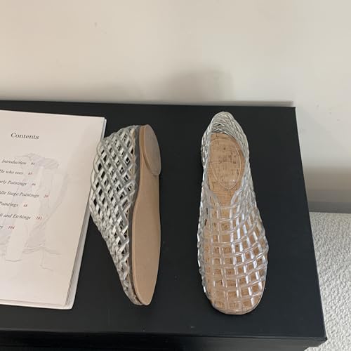 Image of Jelly Mesh Ballet Flats for Women Clear Hollow Jelly Shoes Sandals Round Toe Non-Slip Beach Ballerina Jellies Flats Shoes
