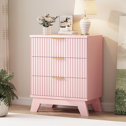 Image of Xixini Fluted Dresser for Bedroom with 3 Drawers, 24 inch Wide Modern Chest of Drawers with Metal Handle, Wooden Dresser TV Stand, Wood Closet Clothes Storage Organizer for Living Room, Hallway, Pink