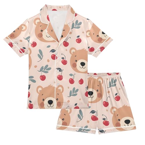 ALAZA Cartoon Bear Cherry Pajamas Satin Pajama Set Short Sleeve Button Down Sleepwear