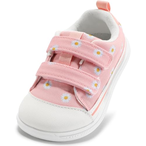 STQ KIDS Toddler Shoes Girl Wide Toe Box Barefoot Shoes Dual Hook-and-Loop Little Girls Sneakers with Flower for School Preschool Daycare Zero Drop Coral Pink Toddler Size 7