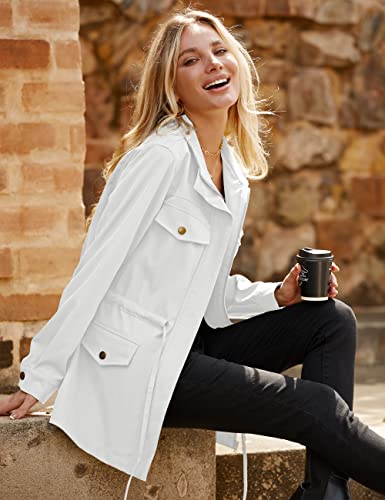 Merokeety Womens Fall Fashion Utility Cargo Jacket Casual Drawstring Waist Army Jacket With Pockets, White, M #TOP3