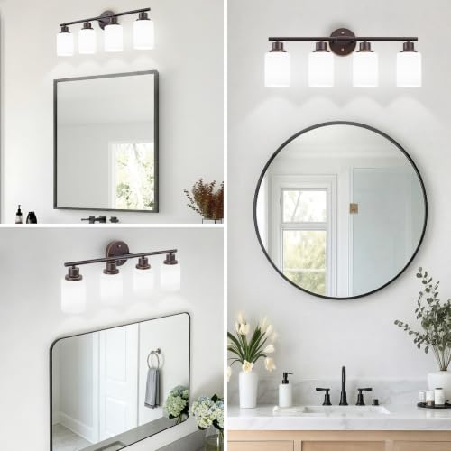 Image of 4-Light Bathroom Light Fixtures, E26 Oil-Rubbed Bronze Gold Vanity Lights for Mirror with Textured Milky White Glass Shade, Modern Kitchen Light Fixtures Wall Sconce Light
