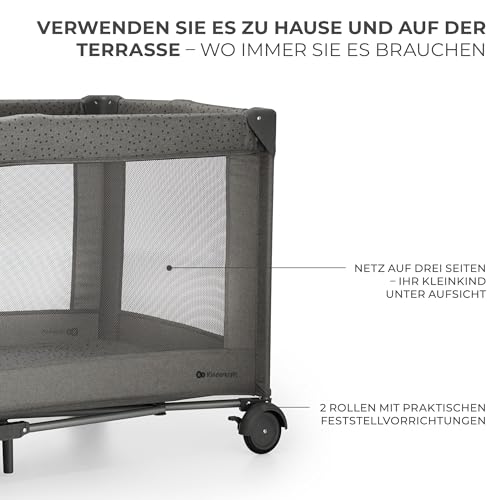 Kinderkraft Joy 2 Acc Kinderbett, 3 in 1 Kinderreisebett, Babybetten, Kinderbett, Reisebett, Modernes Design, Kleine Abmessungen nach Zusammenklappe, Praktisches Zubehör, Räder, Dunkelgrau