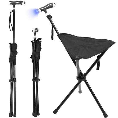 Cane with Seat Foldable Lightweight, Walking Cane with seat, Adjustable Walking Stick for Seniors & Elderly, with Padded Seat and Non-Slip Base for Outdoor Walking, Hiking, and Travel Assistance