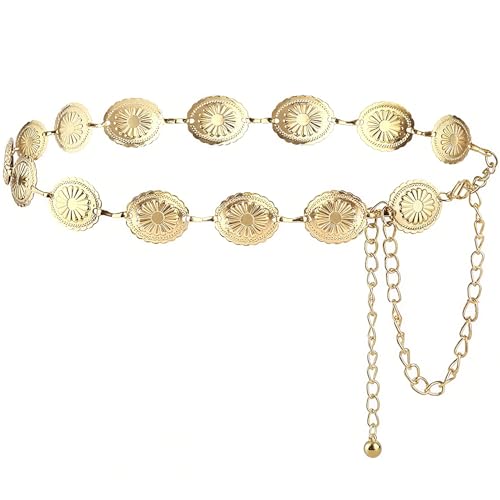 NXPUXP Cinturones Concho para Mujer,Cinturón de Metal Occidental,Cadena de Cintura Metálica Ajustable,Para Vestido,Jeans(oro-2025)