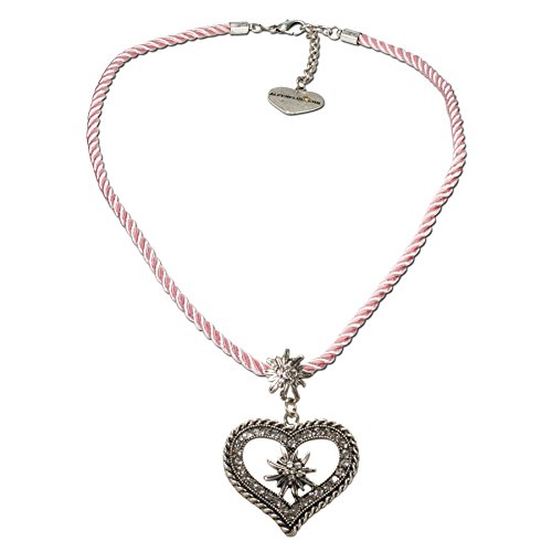 Alpenflüstern Kordel-Trachtenkette Strass-Edelweiß Herz - Damen-Trachtenschmuck mit Trachtenherz, Dirndlkette rosa-rosé DHK216
