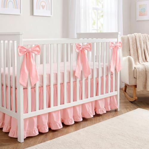Image of Smoothnovelty Pink Crib Bed Skirts with 4 Large Cot Bow 28 inch x 52 inch, 14 inch Drop