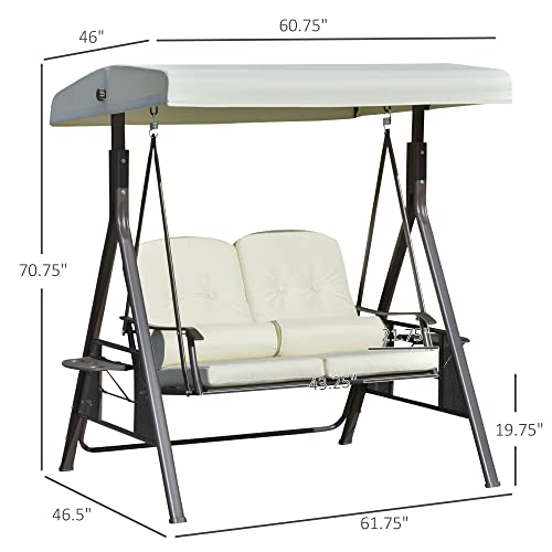 Image of Outsunny 2-Person Patio Swing Bench with Adjustable Shade Canopy, Soft Cushions, Throw Pillows and Tray, Beige.