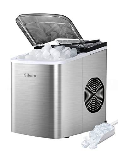 Silonn Ice Makers Countertop, 9 Cubes Ready in 6 Mins, 26lbs in 24Hrs, Self-Cleaning Ice Machine with Ice Scoop and Basket, 2 Sizes of Bullet Ice for Home Kitchen Office Bar Party