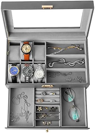 Watch Boxes, Glasses Box, Jewellery Box, Drawer Storage Box, 6 Women's Watch Cases and 3 Sunglasses, Jewellery Display, Lockable, Earrings, Rings, Bracelets, Watches Box with Glass, Leather for Women
