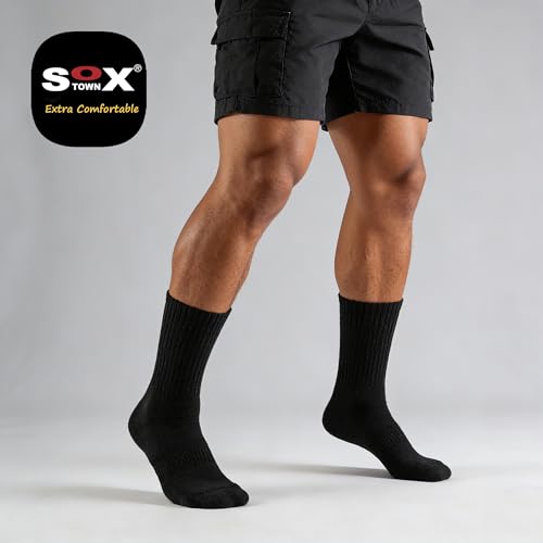 Image of SOX TOWN Cushioned Crew Training Athletic Socks for Unisex Men Women Sports | Combed Cotton, Moisture Wicking, Odor Control, Arch Support, Breathable, Comfortable, Durable, Cooling, Size M /L /XL 3 /6 Pack