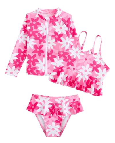 Maillot de bain 3 pièces fille avec short à volants et imprimé floral rose Blüten