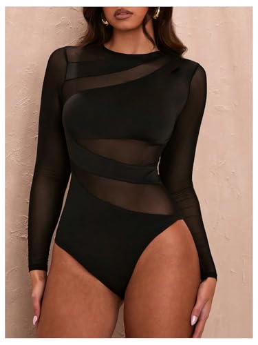 GORGLITTER Women's See Through Mesh Long Sleeve Bodysuits Crewneck Sexy Tee Leotards Going Out Body Suits Black Small