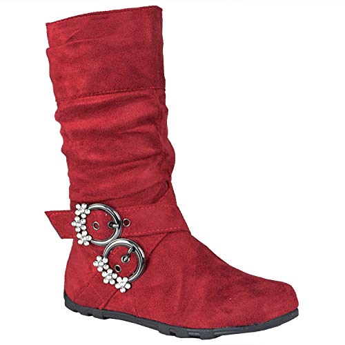 Generation Y Kids Mid Calf Boots Flat Low Heels Rhinestone Buckle Accent