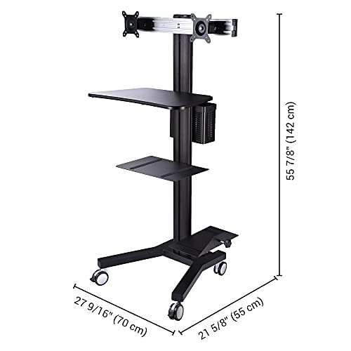 Aw Rolling Pc Cart Mobile Computer Standing Workstation Moving Desktop Desk Cart With Adjustable Dual Monitor Mount Keyboard Tray Printer Cpu Holder Wheels Black #TOP6
