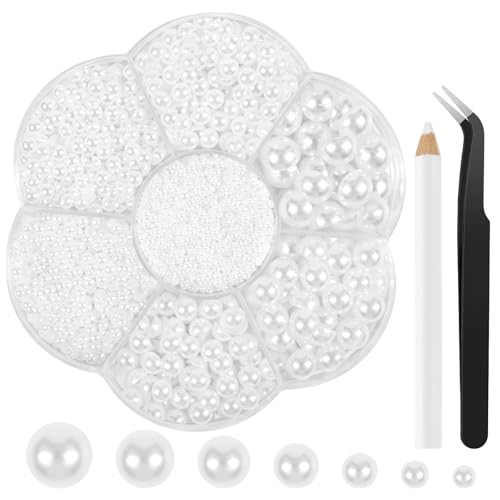 BOUBONI 6800 Stück Flache Perlen 2/3/4/5/6/8/10mm Flachrücken-Perlen Halbperlen Geeignet für die Nagelkunst Make Up Brautkleidern Kleidung DIY Herstellung Von Usw (Weiß)