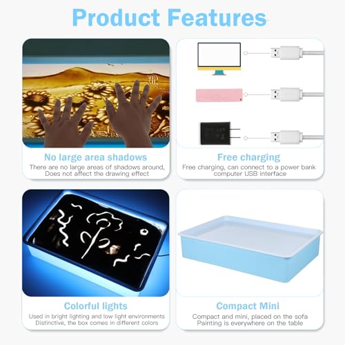 Sandmalerei Lichtkasten für Kinder, Sandbilder mit 4 Packungen NatursandSand und Reinigungswerkzeuge, Dynamische Sandbild, Sandmalerei für Kinder (Blau)