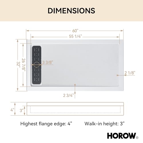 Image of HOROW Shower Base 60 inch x 32 inch, Left Drain Single Threshold Shower Base in White with Efficient Drainage, Non-Slip, Stainless Steel Cover, Small Rectangle Acrylic Shower Pan for Bathroom