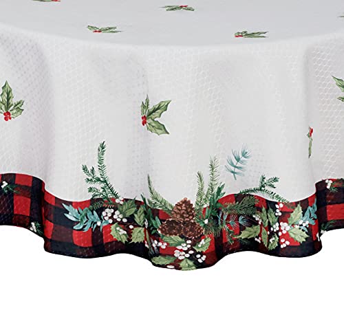 Lintex Aspen Red Black Plaid And Garland Bordered Christmas Tablecloth, Cottage Check Bordered Xmas And Holiday Print Easy Care Fabric Tablecloth, 60 Inch X 84 Inch Oval #TOP2