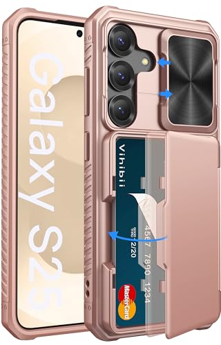 Image of Vihibii for Samsung Galaxy S25 Case with Card Holder (4 Cards) [RFID Blocking] & Slide Camera Cover, Military Grade Drop Protection, Rugged Back & Silicone Edge Wallet Case, 6.2 inch 2025, Rose Gold
