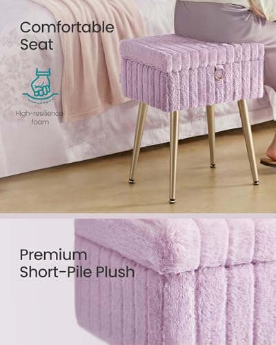Image of SONGMICS Vanity Stool Chair Faux Fur with Storage, Vanity Bench, Metal Legs, Adjustable Feet, for Living Room, Bedroom, Makeup Room, Light Lilac ULOM505PZ02