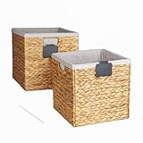 JCUKHA Wicker Storage Basket 12x12, Foldable Water Hyacinth Storage Baskets, Wicker Storage Cubes with Liners, Natural Seagrass Laundry Bin, Letter Boards and Chalk Marker Included, Set of 2