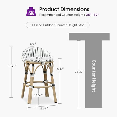 Image of PURPLE LEAF Patio Oversized Backrest Counter Height Stool Set of 1 Outdoor Round Barstools Aluminum Frame in Champagne Finish Woven Rattan for Indoor Kitchen Dining Bistros Cafe Restaurant White