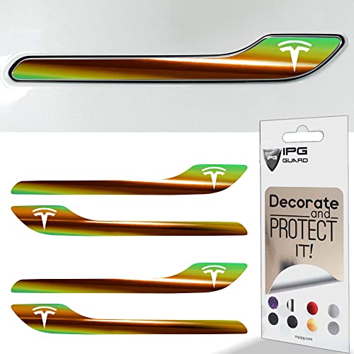 Image of IPG Compatible for Model 3 / Model Y /Juniper Door Handle Decal Sticker Wrap Kit (Set of 4) with Tesla Logo Personalize Your Tesla (Mirror Green Gold)