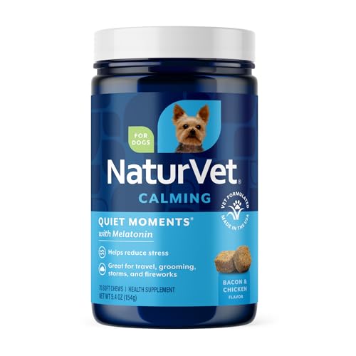 NaturVet Quiet Moments Calming Dog Supplement, Dog Soft Chews with Melatonin to Help Reduce Stress from Storms, The Vet, Fireworks, and Travel, Bacon and Chicken Flavored Pet Supplement, 70 Count Jar