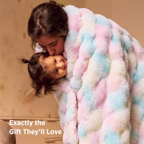 Image of Bedsure Fluffy Bubble Faux Fur Throw Blanket, 50 inchx60 inch, Tie-dye Rainbow