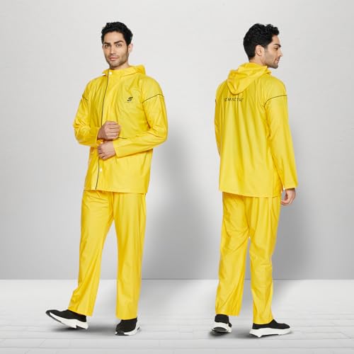 Image of Amazon Brand - Symactive PVC Raincoat with Hood for Men | Waterproof Jacket & Pants Set | Seam-Sealed | Snap Button Sleeves | Size XL | Yellow