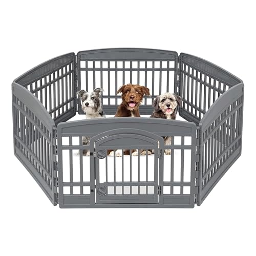 IRIS USA Laufstall für Hunde, 61 cm, 6 Paneele, Haustier-Übungsstall mit Türgitter, 154 x 154 x 61 cm, für drinnen und draußen, Kunststoff, robust, faltbar, tragbar, Haustierzaun für kleine-3