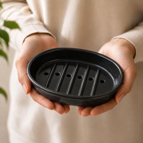 Image of Pure Source India Ceramic Soap Dish /Soap case Tray | Bath Accessories for Bathroom (13CM) (Black)