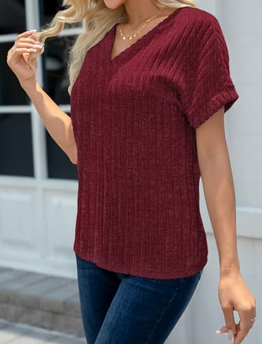Womens Short Sleeve Sweaters V Neck Shirts Fit Pullover Summer Tunic Tops Dressy Business Casual Blouses Outfits4
