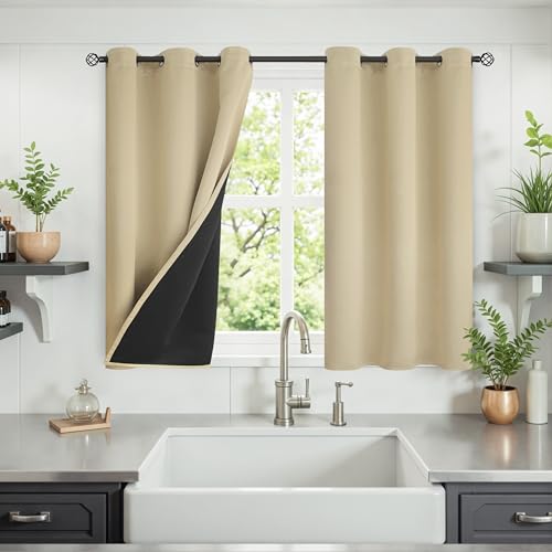 Image of YoungsTex Beige Blackout Curtains 40 Inches Long for Kitchen Window, Short Thermal Insulated Black Out Drapes Room Darkening with Black Backing for Bedroom, 2 Panels, 42 x 40 Inch