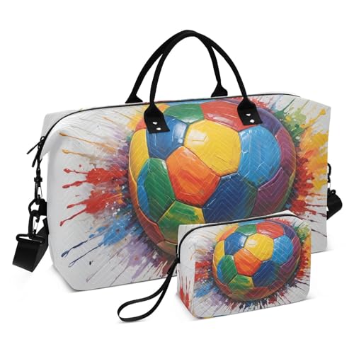 Large Travel Duffel Bag, Rainbow Football Watercolor Sports Tote Gym Bag, Shoulder Weekender Overnight Bag for Women Men, Carry On Luggage with Toiletry Bags