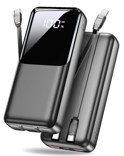 Power Bank 40000mAh 22,5W Powerbank PD USB-C Schnellladefunktion, Tragbares Ladegerät mit 3 Anschlüssen & 2 integrierten Kabeln, Externer Akku kompatibel mit iPhone 17 16 15 14 13, Android und mehr