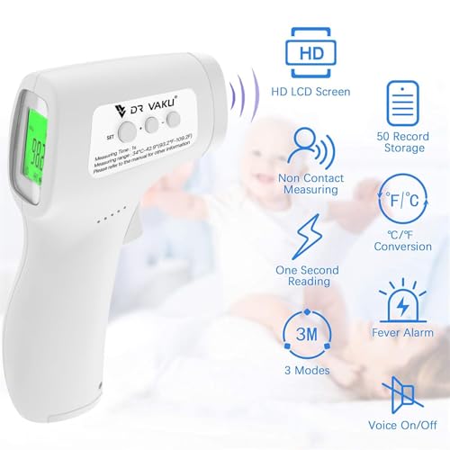 Image of DR VAKU Plastic Digital Thermometer For Fever Non-Contact Laser Infrared Forehead Thermometer Temperature Gun Accurate Reading with Large Display [Battery Included] - White