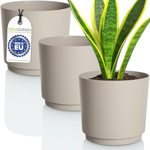 idea-station MATA Blumentopf Set 3 x 17.5 cm - 2.5 Liter - beige - bruchsichere Blumentöpfe aus Plastik für verschiedenste Pflanzen, Blumen - Matte Übertöpfe für innen und außen